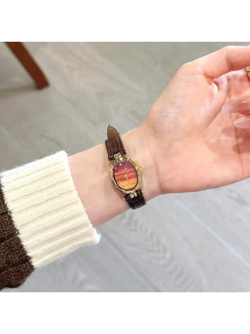 Women's Brown Gold Fashion Small Oval Quartz Leather Band Minimalist Wrist Watch